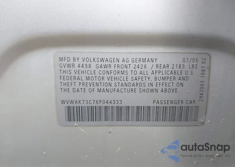 2006 Volkswagen Passat 2.0T/Value Edition from USA, damaged, VIN WVWAK73C76P044333